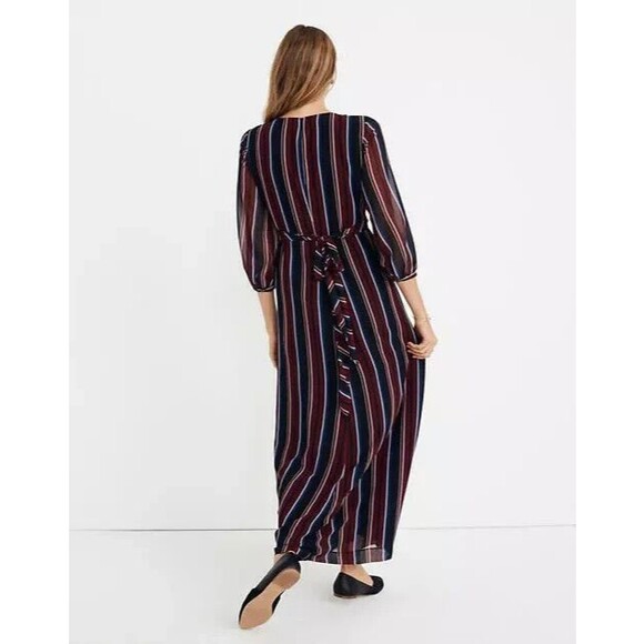 Madewell Maxi Dress Womens 8 Wraparound Black Red Blue Stripe V Neck 3/4 Sleeve - Picture 10 of 10